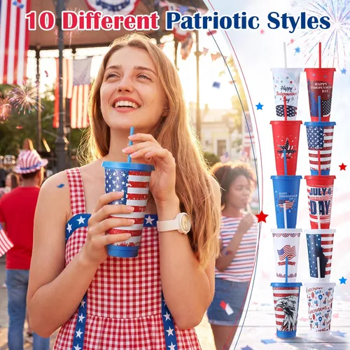 Miniatura 3 de Honeydak 30 Pcs 24 oz Patriotic Party Cups Gifts Bulk 4th of July Cups 250th Independence Day American Flag Tumbler with Straw and Lid Red White