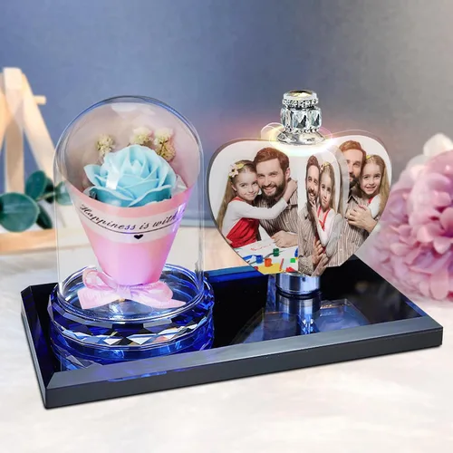 Miniatura 10 de Luz de foto personalizada mexicana LED rosa flor cristal rectangular foto marco personalidad luz 3D cristal foto marco regalo de Navidad, AZUL