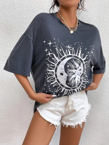 Miniatura 5 de SheIn Camiseta de gran tamaño con cuello redondo y hombros caídos para mujer