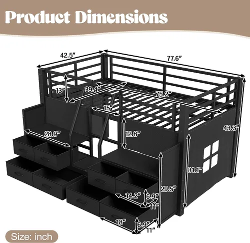 Miniatura 2 de Bellemave Twin Size Low Loft Bed with 8 Fabric Storage Drawers,Metal Loft Bed Frame with Shelves and LED Lights for Boys Girls,Kids Loft Bed Twin