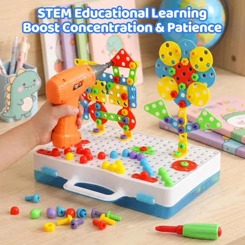 Miniatura 8 de 224 juguetes de construcción STEM para niños de 4 a 8 años, juego creativo de taladro de mosaico con taladro eléctrico y destornillador, kit