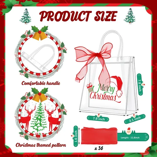 Miniatura 2 de Paterr 36 Bolsas de Regalo Transparentes de Navidad con Cinta, Bolsas de Favor de Fiesta Transparentes Reutilizables con Asas, Bolsas de Regalo