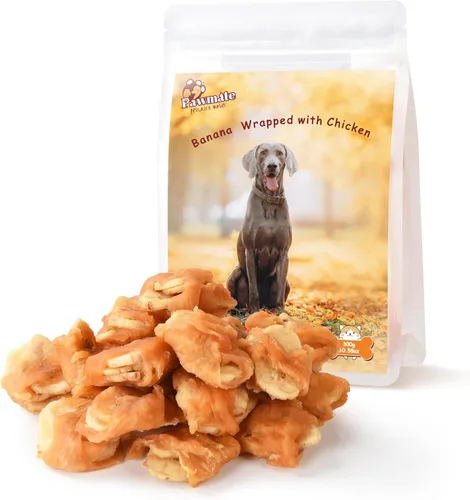 Pawmate Dog Treats - Rebanadas de plátano envueltas en pollo con 1% de taurina, aperitivos de entrenamiento saludables ricos en fibra natural,