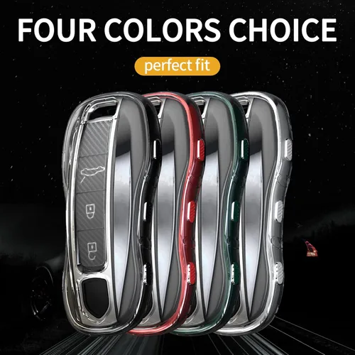 Miniatura 6 de Funda para llavero de TPU compatible con Porsche 911 Cayenne Panamera TAYCAN transparente textura de fibra de carbono de 3 y 4 botones