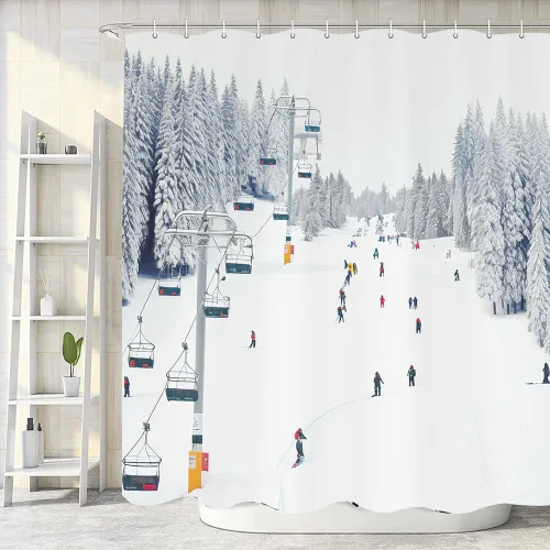Miniatura 5 de NYMB Cortina de ducha deportiva, para invierno, vacaciones, viajes, nieve, esquí, teleférico, tela de poliéster, para baño, juego de accesorios