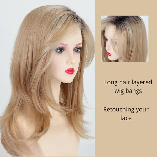Miniatura 3 de Fencca Pelucas rubias degradadas con reflejos para mujer, peluca ondulada en capas con flequillo, sintética natural, resistente al calor