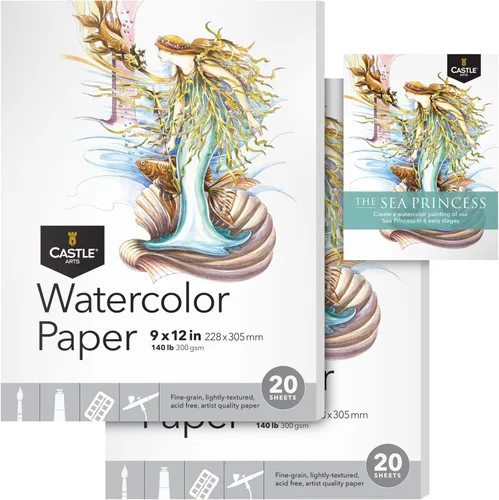 Castle Art Supplies Papel de acuarela para bocetos de 9 x 12 pulgadas, paquete de 2, 20 hojas cada una, robusto y resistente (10.66 oz/140 libras)