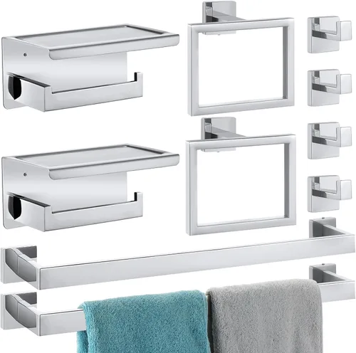 Miniatura 9 de Juego de 10 accesorios de baño, juego de accesorios de baño de 24 pulgadas, barra de toalla de baño de acero inoxidable, toalleros, gancho