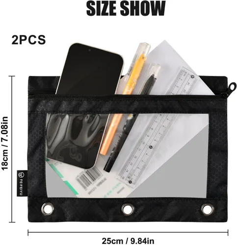 Miniatura 3 de Gredecor Estuche para lápices con 3 anillos con cremallera negra, paquete de 2 unidades, organizador de carpetas transparentes para ventana escolar