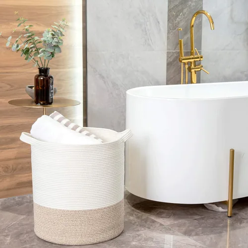 Miniatura 6 de MINTWOOD Design Cesta decorativa de cuerda de algodón tejida extra grande de 20 x 18 pulgadas, cesta alta para ropa sucia, cesta de manta para sala