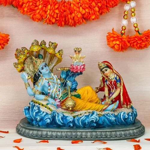 Miniatura 2 de BangBangDa Estatua de Dios hindú Vishnu Lakshmi – 8.3 pulgadas de largo, ídolo indio Vishnu Laxmi Murti, regalo para cumpleaños familiar indio