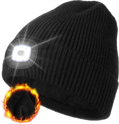 Miniatura 21 de MELASA Gorro de invierno con forro polar LED, recargable por USB, gorro cálido con luz integrada, regalos para hombres, papá, esposo, él