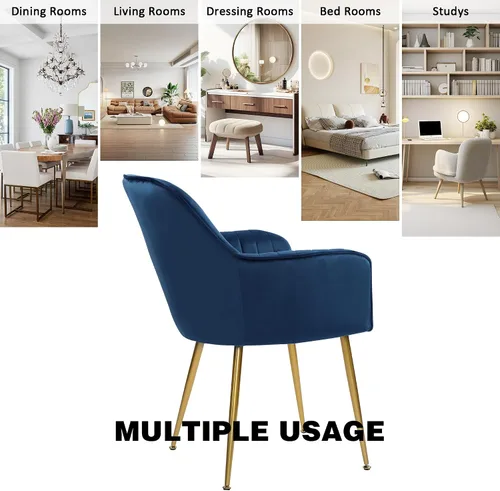 Miniatura 9 de Juego de 2 sillas de comedor de terciopelo, sillas decorativas tapizadas con patas chapadas en oro para sillas de sala de estar (azul)
