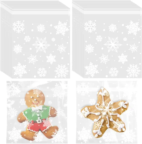 Coopay 200 bolsas para galletas de Navidad con copos de nieve, pequeñas bolsas de celofán para golosinas, 5.5 x 5.5 pulgadas, autoadhesivas para