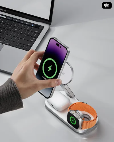 Miniatura 3 de Estación de carga inalámbrica 3 en 1 para dispositivos Apple, soporte magnético plegable de carga rápida compatible con MagSafe para iPhone Blanco
