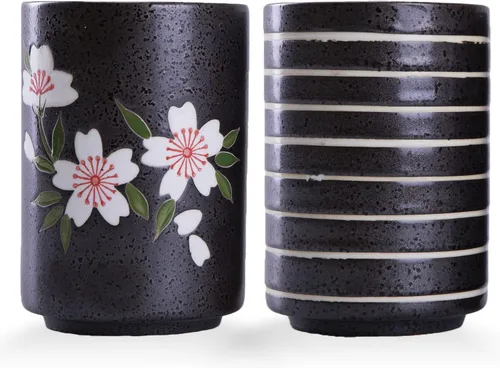 WHJY Juego de 2 tazas de té de cerámica sin asa estilo chino/japonés transicional de 10 oz, patrón de flor de cereza y línea Flower & Line