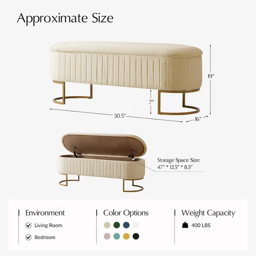 Miniatura 3 de EcoHarbor Living Banco de almacenamiento de 50.5" para pasillo, otomano tapizado con extremo de cama de terciopelo con patas doradas, reposapiés
