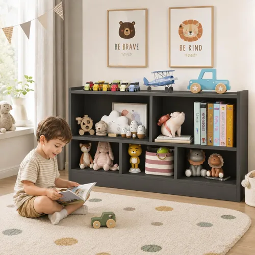 Miniatura 11 de HONEY JOY Organizador de almacenamiento de juguetes para niños, estante de almacenamiento de 5 secciones para preescolar, 2 niveles de madera Natural