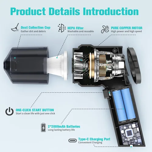 Miniatura 3 de Mini aspiradora de mano para automóvil, aspiradora portátil inalámbrica de 10000 PA con batería de 2000 mAh, aspiradora 2 en 1 y plumero de aire