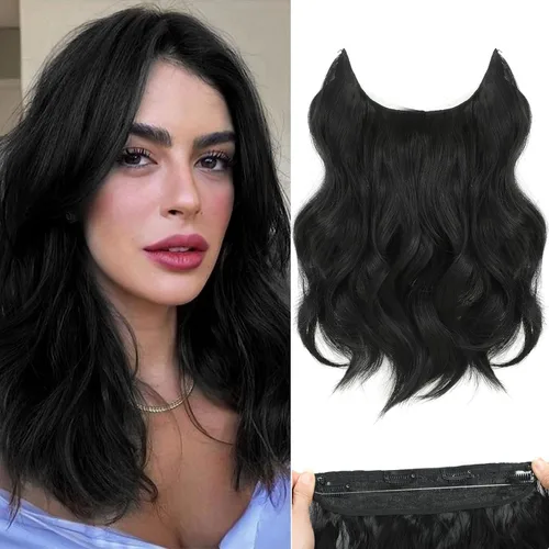 Miniatura 33 de Extensiones de cabello con halo de 12 pulgadas con alambre invisible, cabello largo ondulado ajustable, sintético, mejora con 4 clips de seguridad