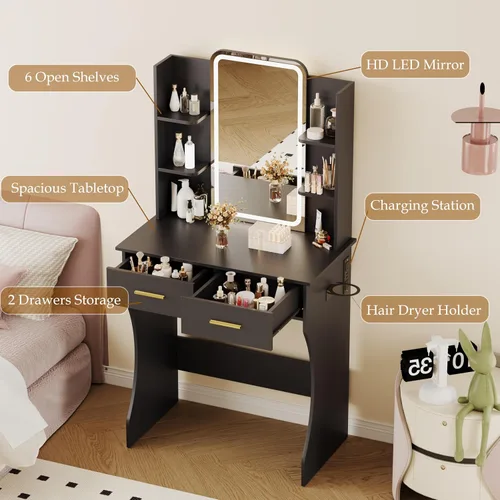 Miniatura 3 de BORNOON Escritorio de tocador con espejo y luces, pequeño escritorio de maquillaje con estación de carga, mesa de tocador de dormitorio con cajones