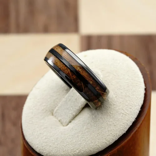 Miniatura 3 de 100S JEWELRY Anillos de tungsteno gris plomizo para hombre, barril de whisky, incrustaciones de madera de grano de madera, anillo de compromiso