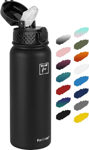 Fanhaw Botella de agua de acero inoxidable aislada para niños de 20 onzas con tapa con popote, a prueba de fugas y antipolvo, botella de uso diario