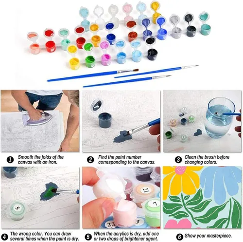 Miniatura 9 de Clendo Juego de 6 paquetes de pintura por números para adultos, kit de pintura por números de flores fáciles para adultos en lienzo sin marco