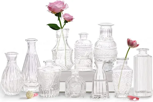 Jarrones Bud - Juego de 10 pequeños jarrones de cristal para flores para centros de mesa, bonito cristal Bud transparente a granel, diseño mini