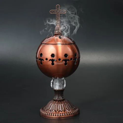 Miniatura 2 de Nazareth Store Quemador de incienso de latón pulido con carbón, soporte para incienso de iglesia cristiana, conos de incienso, cruz de 7.9 pulgadas