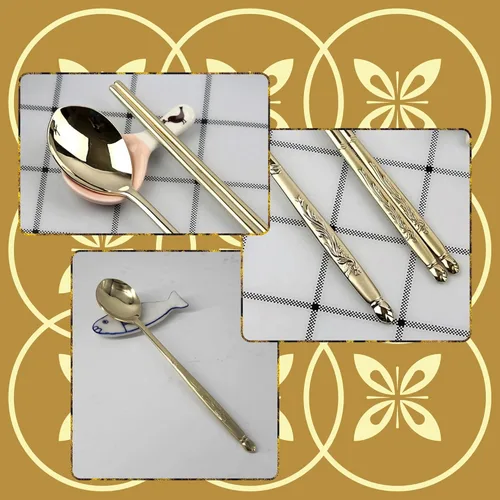 Miniatura 5 de [Hecho en Corea] Juego de palillos de cuchara de arroz pegajosa con diseño coreano de Phoenix, chapado en oro y titanio, cuchara de sopa de acero 1