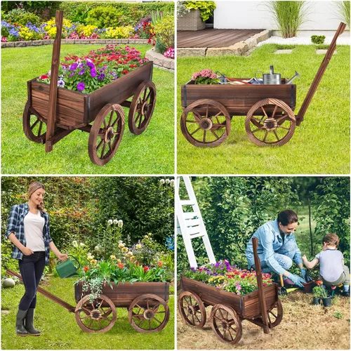 Miniatura 9 de S AFSTAR Carro de madera, soporte para maceta de flores de madera con 4 ruedas y agujeros de drenaje, maceta Amish, soporte de maceta rodante