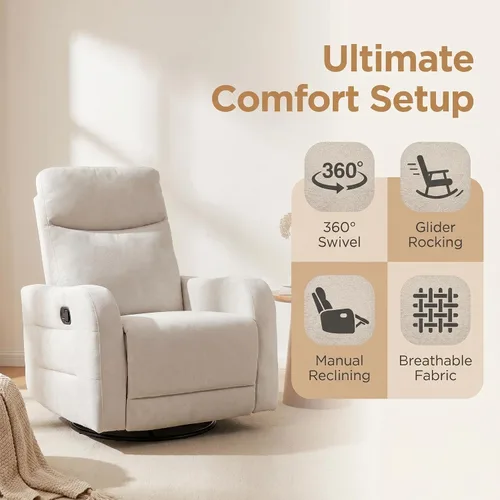 Miniatura 3 de Silla reclinable giratoria de 360°, sillón reclinable manual con asa lateral, silla de salón tapizada de tela para sala de estar, dormitorio