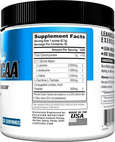 Miniatura 2 de Evlution Polvo de BCAA magro libre de estimulantes Nutrición BCAAs Aminoácidos en polvo con CLA Carnitina y 2:1:1 aminoácidos de cadena ramificada