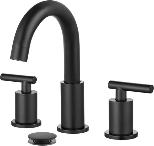 Miniatura 12 de gotonovo Grifo de Lavabo de Baño de 3 Orificios 2 Manijas con Desagüe Emergente con Válvulas Mezcladoras de Agua Caliente y Fría Grifo de Baño Negro