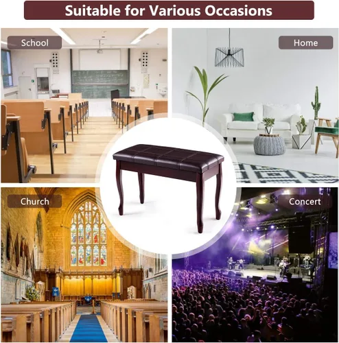 Miniatura 7 de GOFLAME Taburete de banco de piano con cojín acolchado y almacenamiento de música, asiento de piano resistente con asiento acolchado de piel Marrón