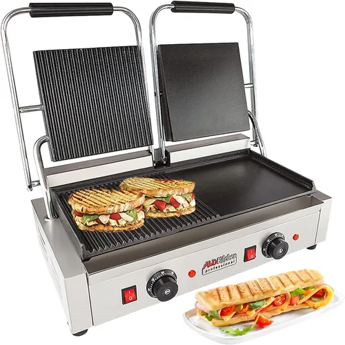 Miniatura 10 de ALDKitchen Prensa doble Panini Máquina para hacer sándwiches Placas acanaladas de hierro fundido Control ajustable Antiadherente 110 V