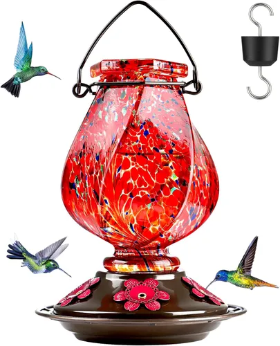 Miniatura 14 de BOLITE - Alimentador de colibríes, de vidrio soplado a mano, diseño torcido, para exteriores, con trampa para hormigas y cinco puertos de Azul