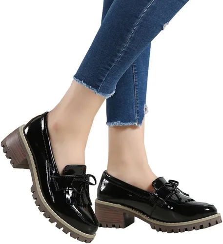Miniatura 5 de DADAWEN Mocasines para mujer, plataforma con borlas, mocasines de tacón grueso para mujer, elegantes y para el trabajo, zapatos casuales de negocios