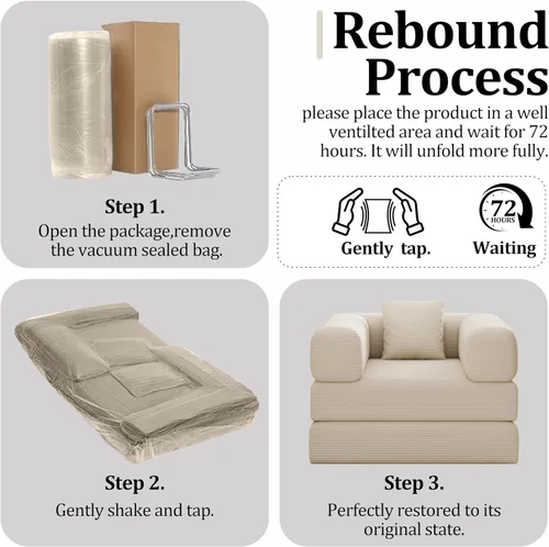 Miniatura 6 de Sofá individual para espacios pequeños, sofá convertible 2 en 1, cómodo puf para adultos con funda extraíble con almohadas para dormitorio, Beige