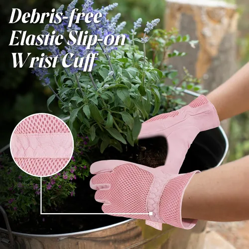 Miniatura 4 de HANDLANDY Work Gloves for Women, Breathable Leather Gardening Glove for Yard Maintenance, Hand Protection with Touch Screen Rosa claro