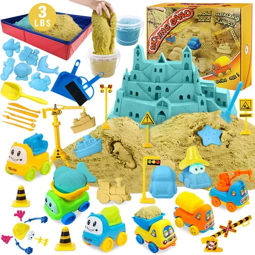 ESSENSON Juego de arena de construcción – Arena de 3 libras con 2 colores, 6 mini camiones de construcción, juguetes de construcción y letreros,