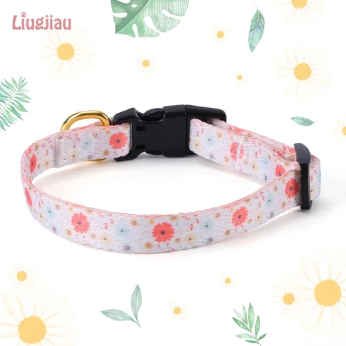 Miniatura 2 de Collar de perro de algodón hecho a mano para perros pequeños, medianos y grandes, margarita beige con colgante, lindos collares de perro (L)