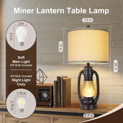 Miniatura 2 de Juego de 2 lámparas de mesa de linterna vintage de 26 pulgadas, lámpara de mesita de noche retro con luz nocturna y pantalla de lino, lámpara