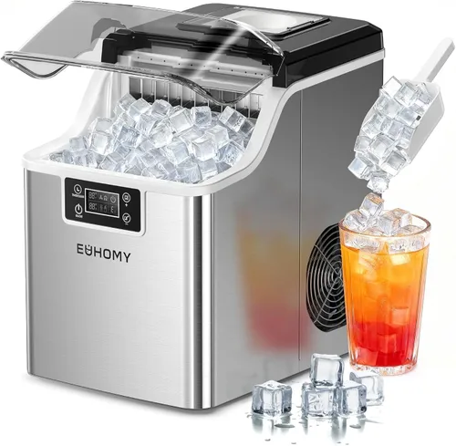EUHOMY Máquina para hacer cubitos de hielo de encimera, 2 maneras de añadir agua, 45 libras/día, 24 piezas listas en 13 minutos, compacta portátil