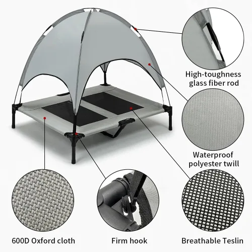 Miniatura 3 de Cama elevada impermeable para perros con toldo y malla de refrigeración – Cuna elevada portátil para perros grandes, tienda de campaña para Gris
