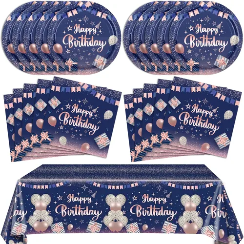 Miniatura 9 de Juego de 41 piezas de vajilla de decoración de fiesta de cumpleaños azul marino y negro, incluye platos, servilletas, mantel para hombres y mujeres