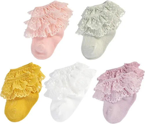 Epeius - Calcetines con detalle de vuelo de encaje y ojales para recién nacidos, bebés y niñas pequeñas (paquete de 2346)