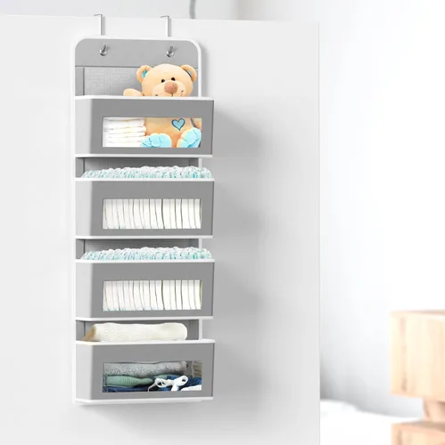 Miniatura 4 de Simple Houseware - Organizador con 4 bolsillos con ventana transparente para colgar en la puerta del armario, para dormitorio, baño, despensa, gris