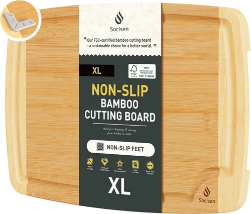 Miniatura 21 de Juego de 3 Tablas de Cortar de Bambú con Soporte de Pies Antideslizantes y Sobre el Fregadero, Bonita Tabla de Cortar de Madera Sólida Gruesa